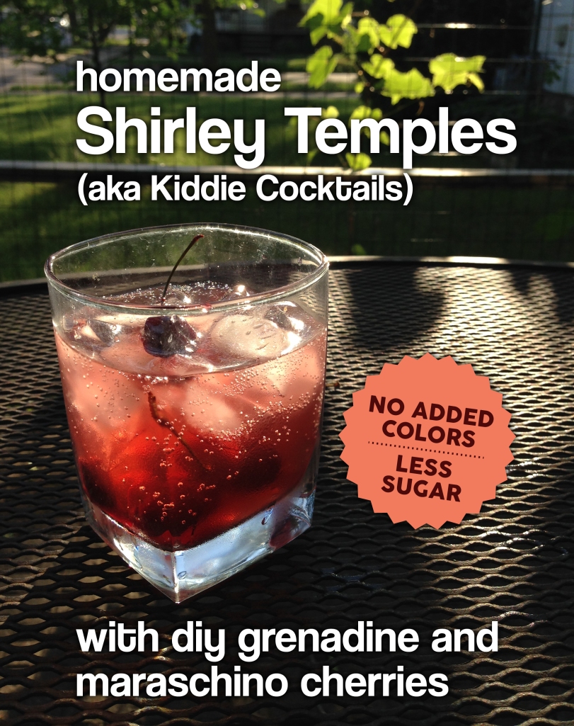 Homemade ADHD friendly Shirley Temples - Kiddie Cocktails made with only 5 ingredients, low in sugar and no added colors.  Recipe for grenadine and maraschino cherries.  Uses pomegranate juice, sucanat, pitted cherries, lemon juice and lemon-lime Zevia