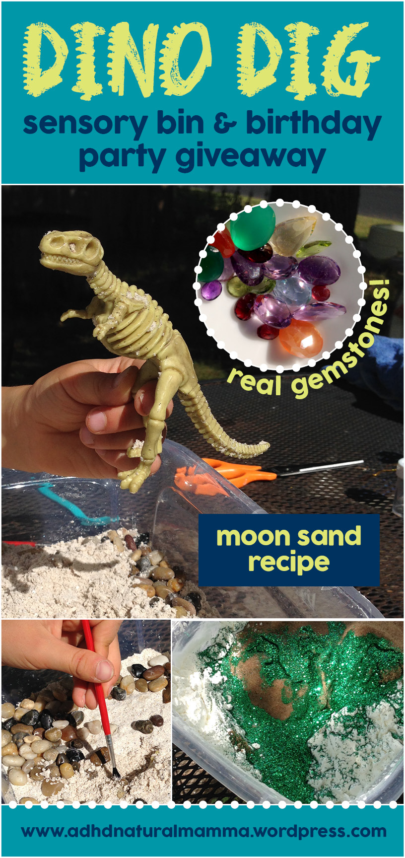 Dinosaur dig sensory bin and birthday party giveaway favor - paleontology excavation - moon sand recipe - dino fossils - real gemstones and seashells - sensory processing disorder - adhd - play - imagination