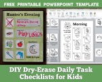 DIY dry erase daily task checklists for kids - FREE printable PowerPoint template and illustrations with basic computer tips - desktop publishing - organization, back to school - morning, after school, bedtime, chores, lunch and sample routine, ADHD natural