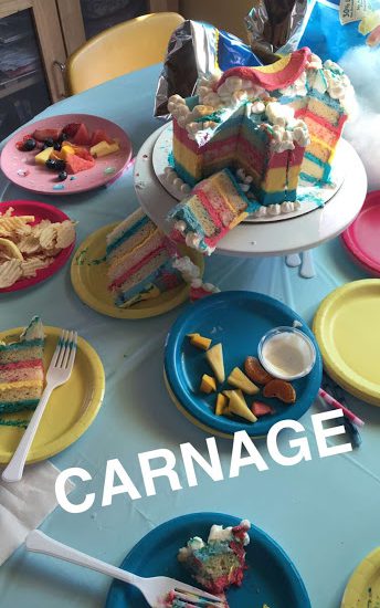 Rainbow cake party carnage